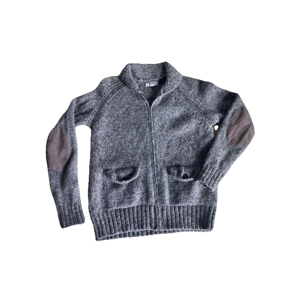 Wallace & Barnes Sweater M Brown 100% Wool Hand Knit Full Zip Cardigan Elbow Pat